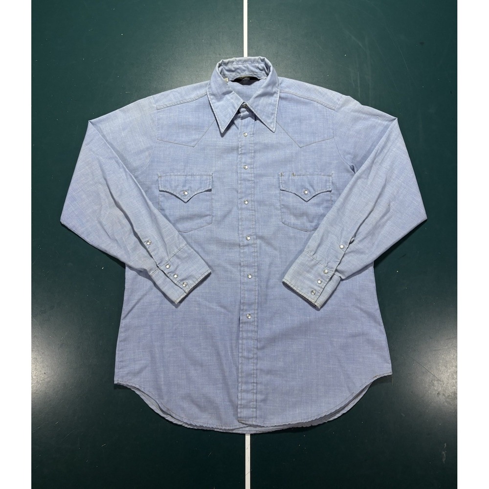 Vintage 70s Sears Western Pearl Snap Chambray Shirt Men's Large 16-16.5 Yoke USA